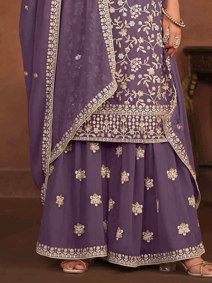 Lavender Faux Georgette Embroidered Festival Wedding Sharara Pant Salwar Kameez