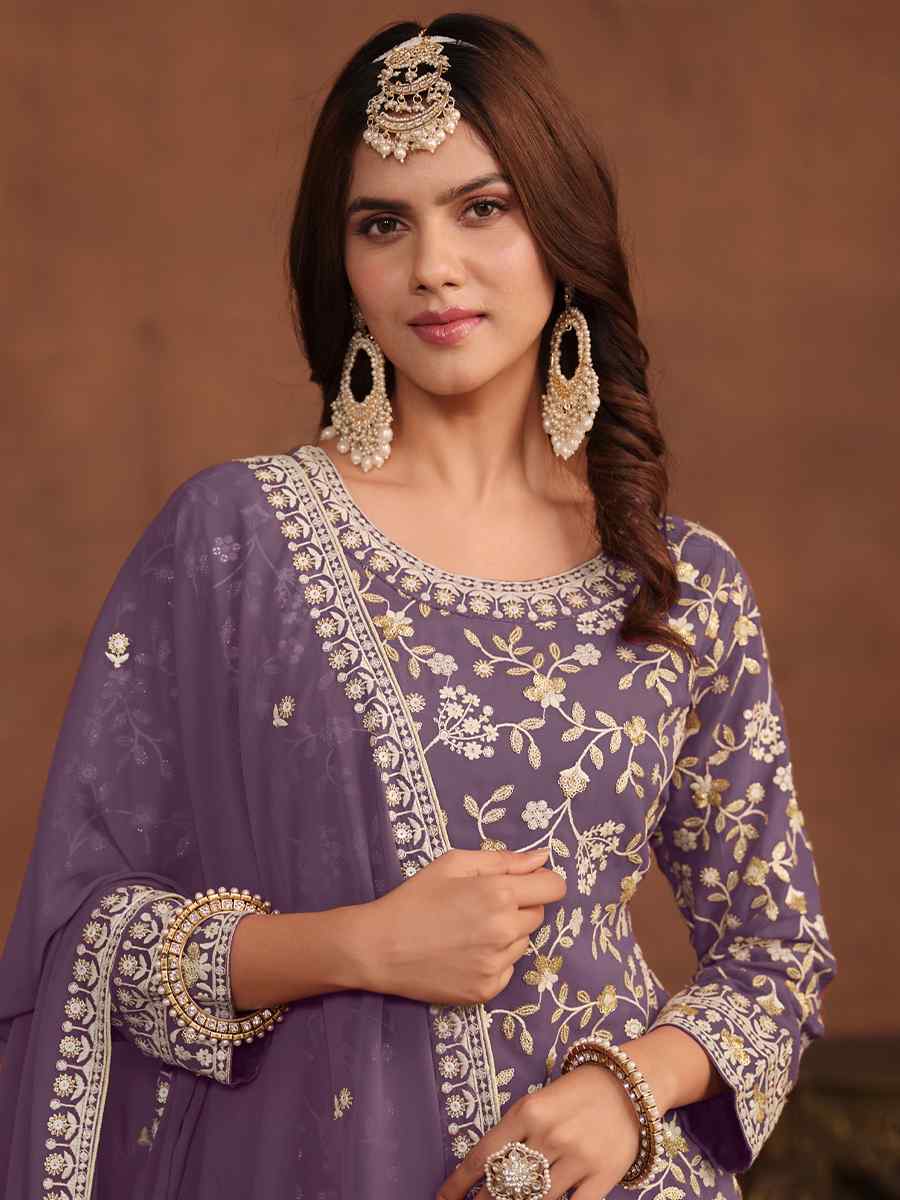 Lavender Faux Georgette Embroidered Festival Wedding Sharara Pant Salwar Kameez