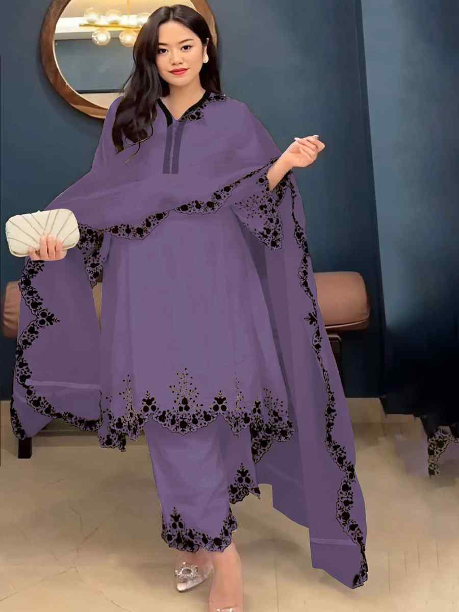 Lavender Faux Georgette Embroidered Party Casual Ready Palazzo Pant Salwar Kameez