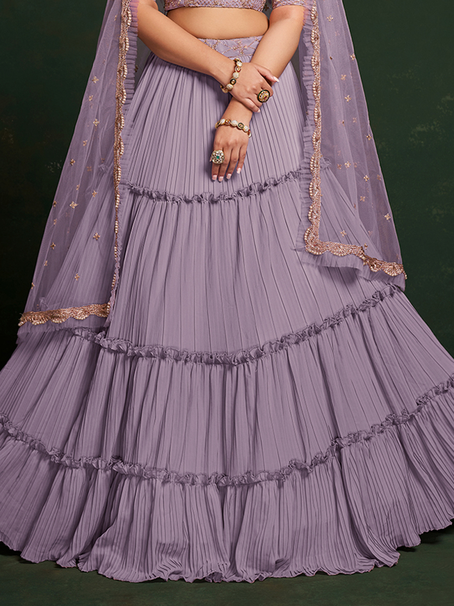 Lavender Faux Georgette Embroidered Party Wear Wedding Circular Lehenga Choli