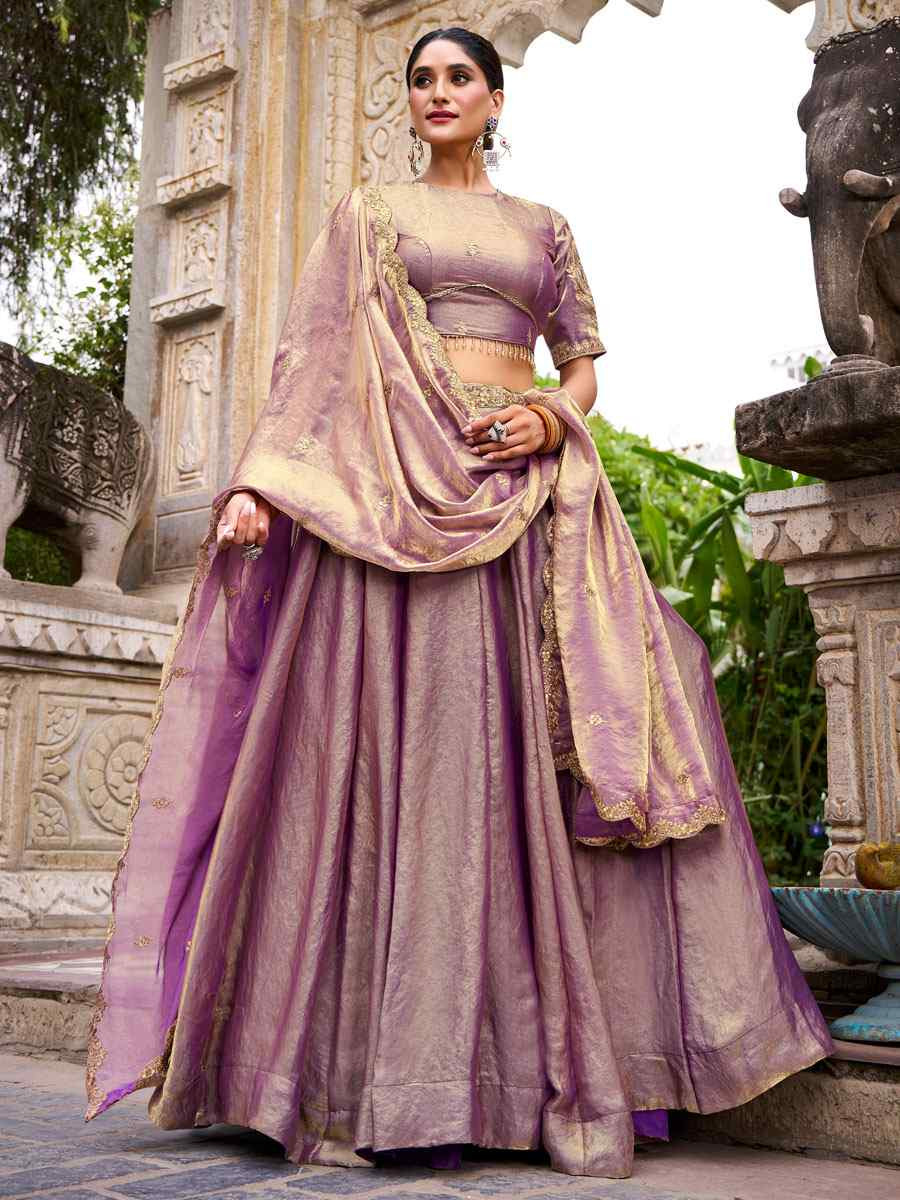 Lavender Fendi Silk Embroidered Bridal Wedding Reception Festival Heavy Border Lehenga Choli