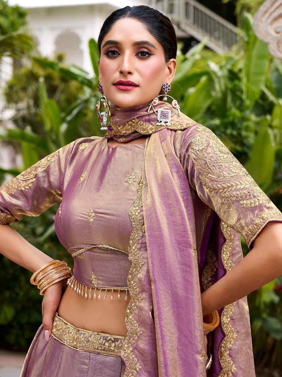 Lavender Fendi Silk Embroidered Bridal Wedding Reception Festival Heavy Border Lehenga Choli