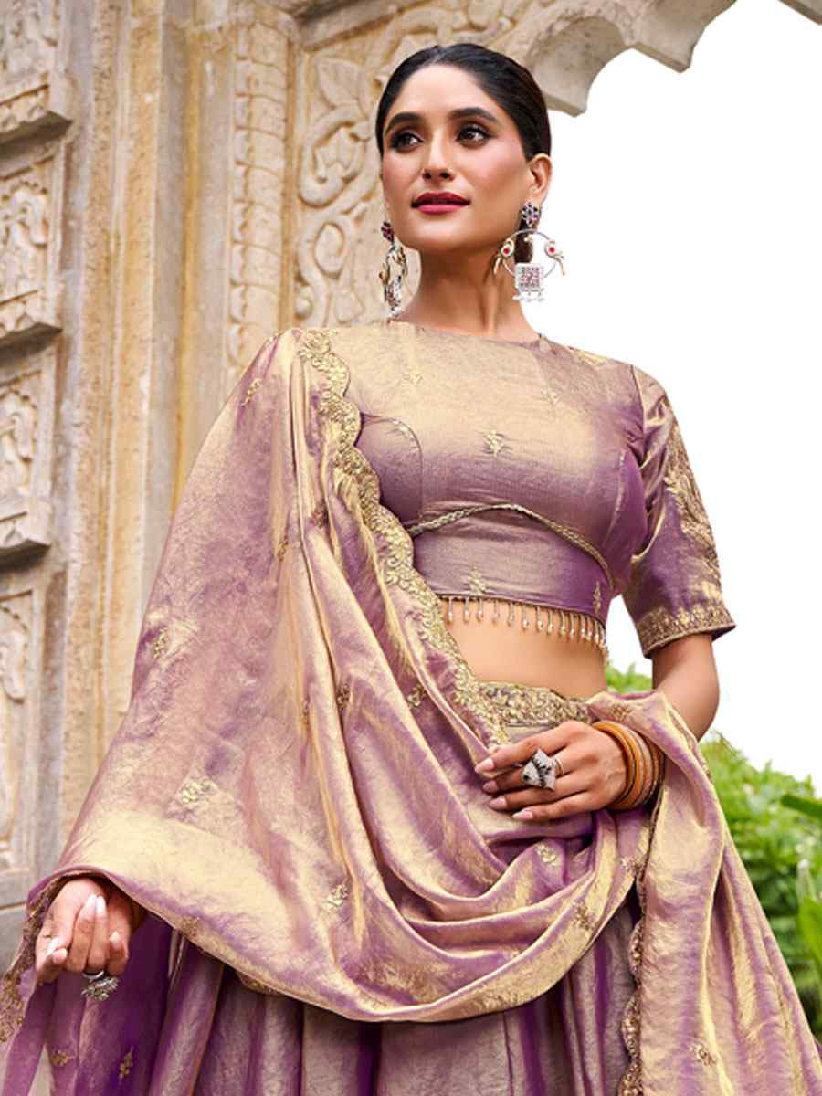 Lavender Fendi Silk Embroidered Bridal Wedding Reception Festival Heavy Border Lehenga Choli