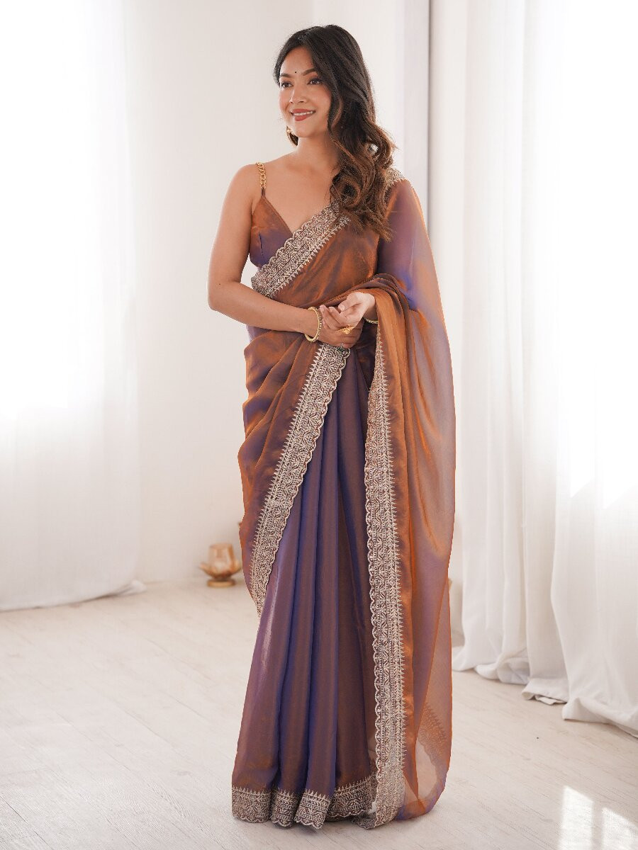 Lavender Fendy Satin Embroidery Lace Border Wedding Party Festival Reception Casual Heavy Border Sarees
