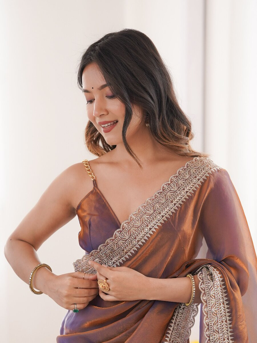 Lavender Fendy Satin Embroidery Lace Border Wedding Party Festival Reception Casual Heavy Border Sarees