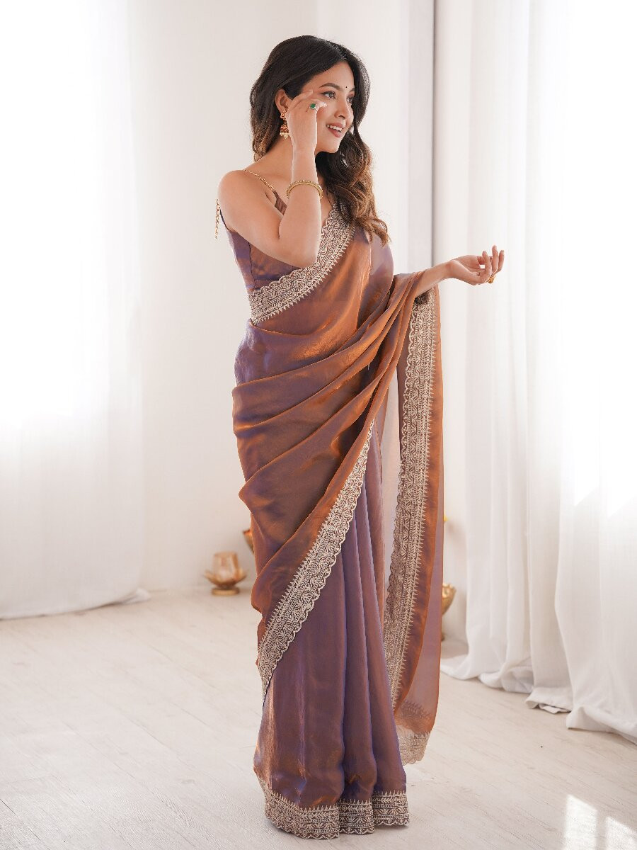 Lavender Fendy Satin Embroidery Lace Border Wedding Party Festival Reception Casual Heavy Border Sarees