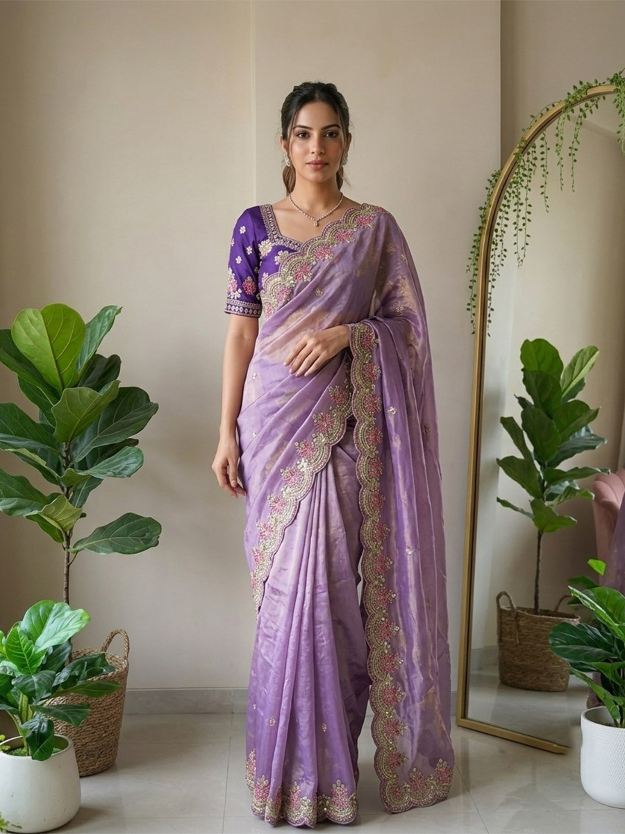 Lavender Fendy Satin Silk Embroidery Cutwork Border Wedding Reception Festival Party Wear Casual Heavy Border Sarees