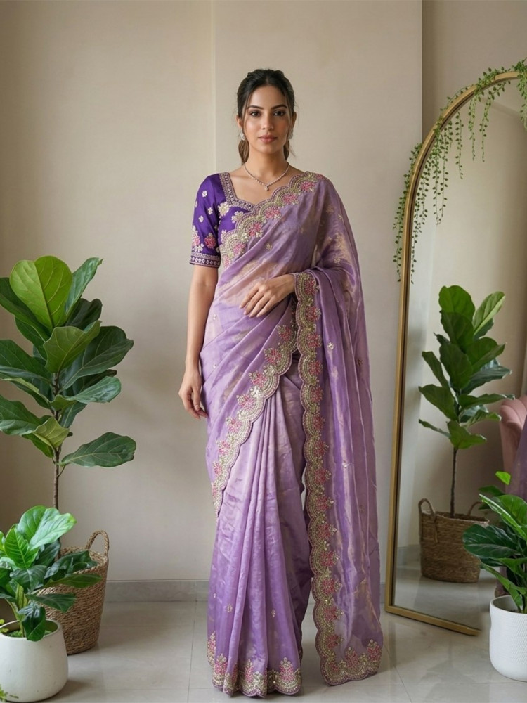 Image of Lavender Fendy Satin Silk Embroidery Cutwork Border Wedding Reception Festival Party Wear Casual Heavy Border Sarees