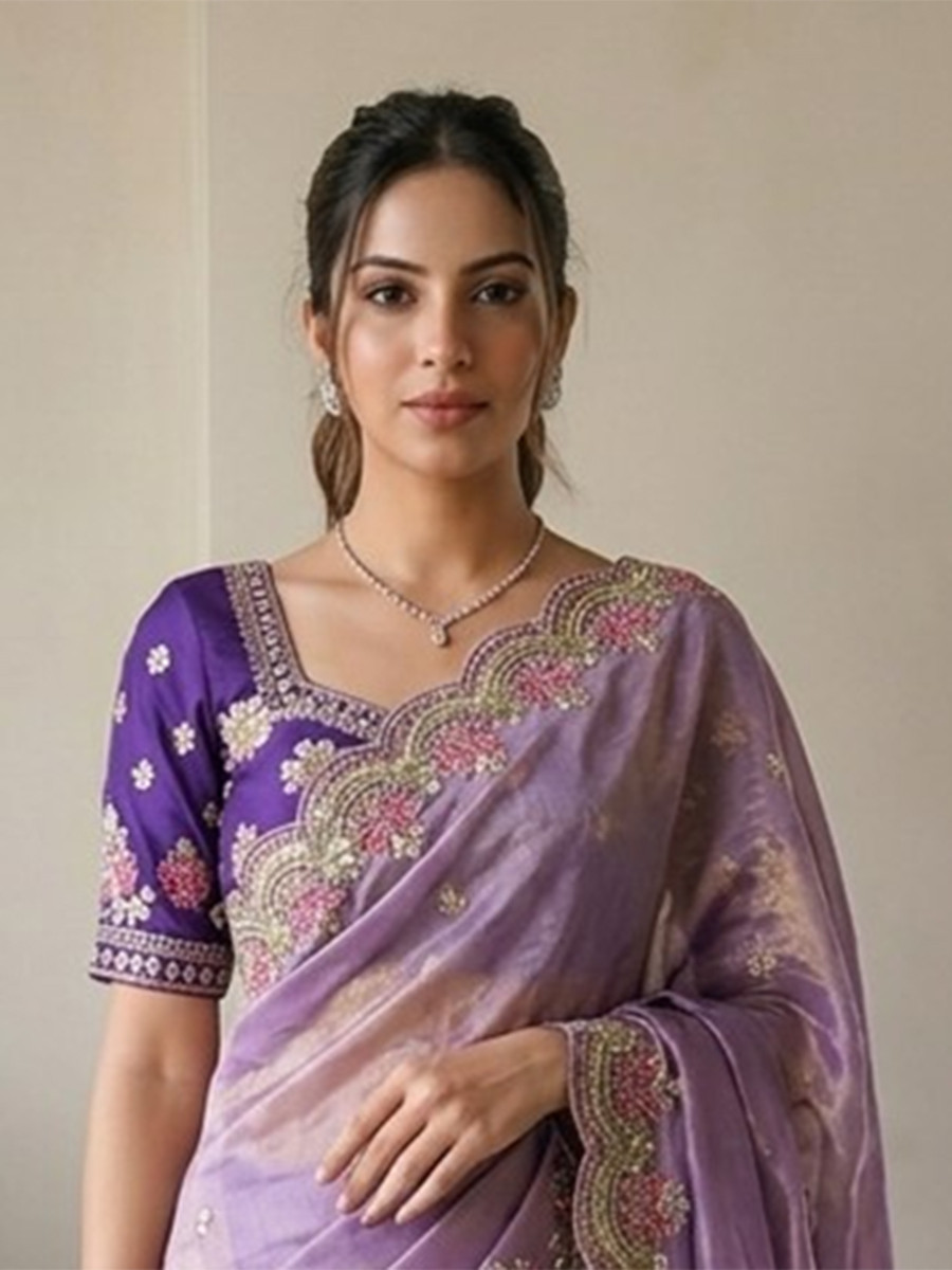 Lavender Fendy Satin Silk Embroidery Cutwork Border Wedding Reception Festival Party Wear Casual Heavy Border Sarees