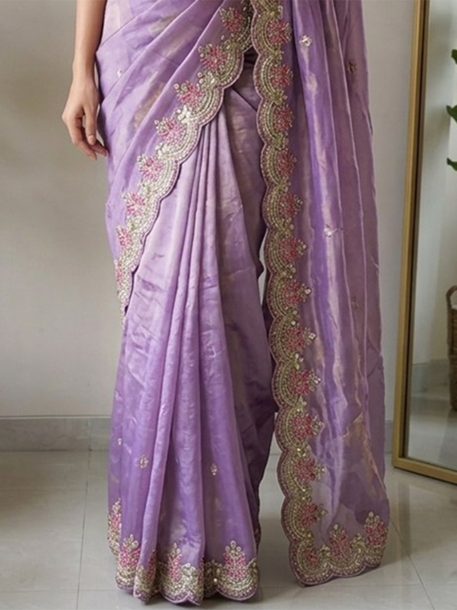 Lavender Fendy Satin Silk Embroidery Cutwork Border Wedding Reception Festival Party Wear Casual Heavy Border Sarees