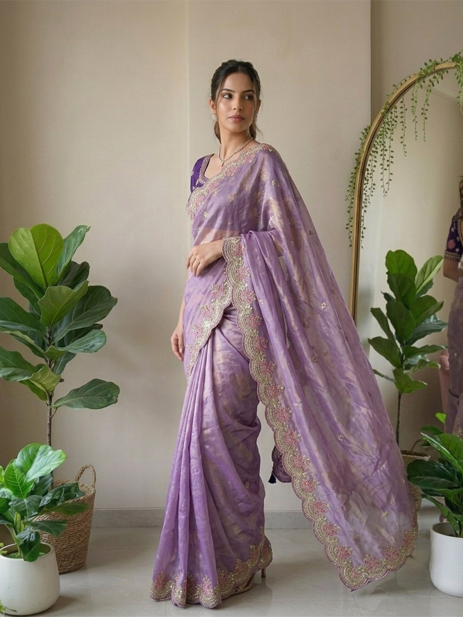 Lavender Fendy Satin Silk Embroidery Cutwork Border Wedding Reception Festival Party Wear Casual Heavy Border Sarees