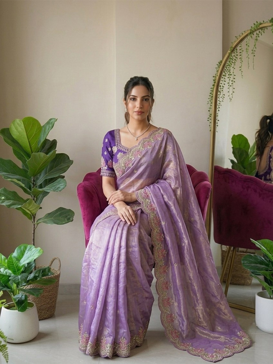 Lavender Fendy Satin Silk Embroidery Cutwork Border Wedding Reception Festival Party Wear Casual Heavy Border Sarees