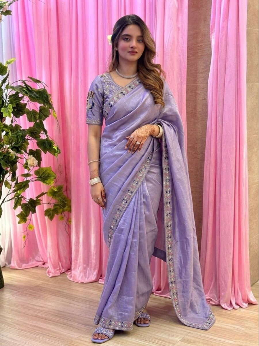 Lavender Fendy Satin Silk Embroidery Sequins Beads Wedding Reception Party Festival Heavy Border Sarees