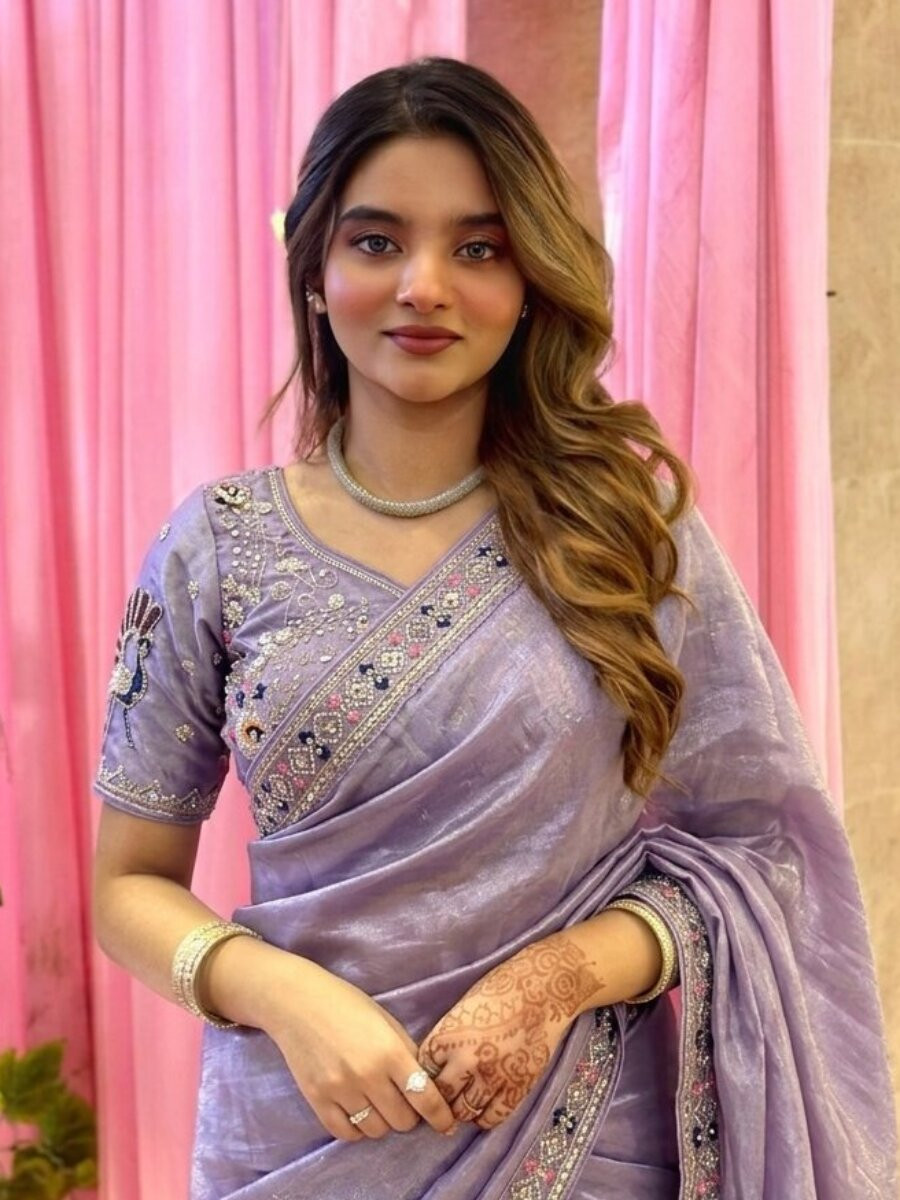 Lavender Fendy Satin Silk Embroidery Sequins Beads Wedding Reception Party Festival Heavy Border Sarees