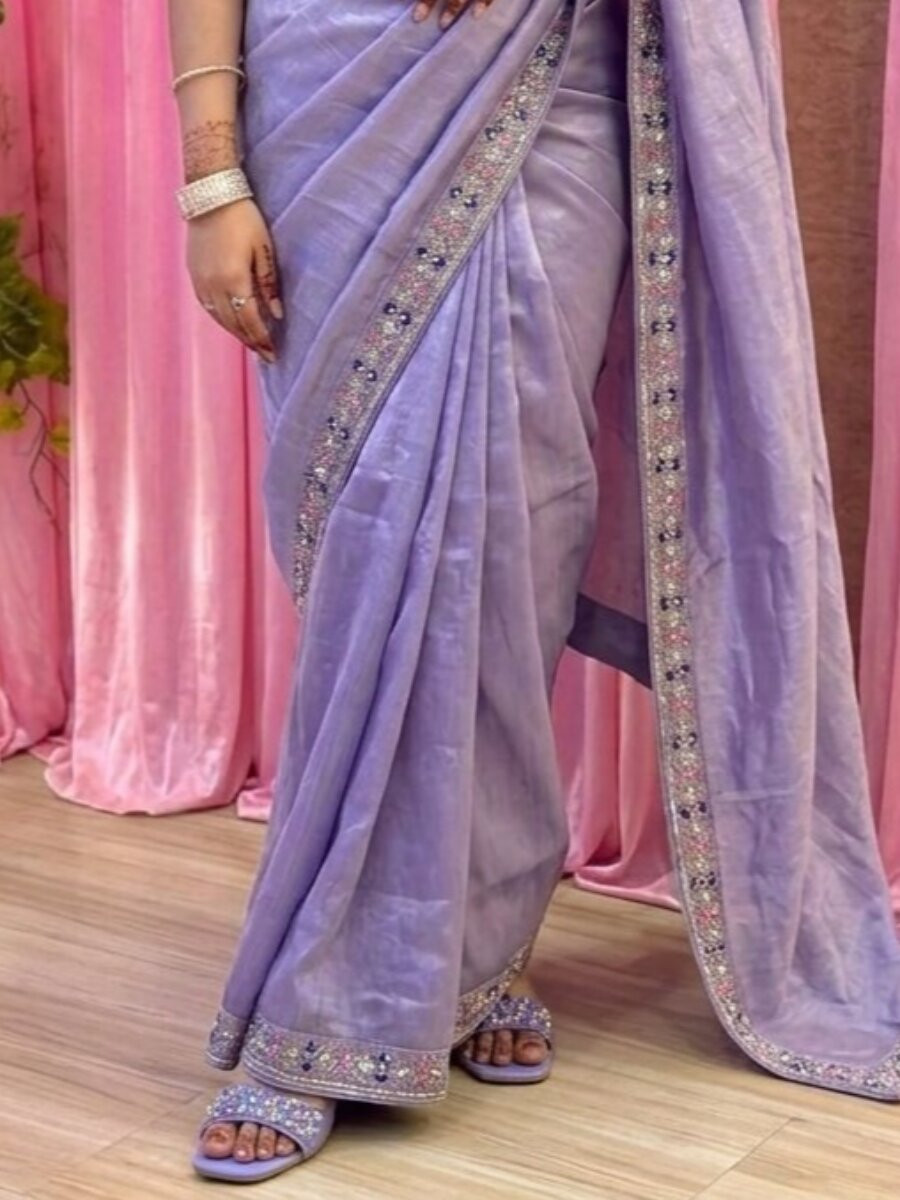 Lavender Fendy Satin Silk Embroidery Sequins Beads Wedding Reception Party Festival Heavy Border Sarees