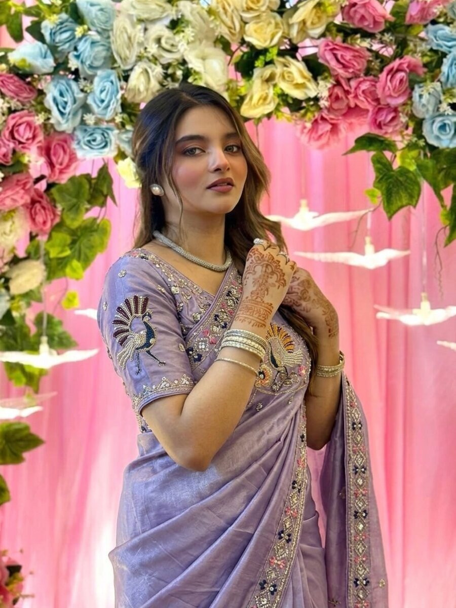 Lavender Fendy Satin Silk Embroidery Sequins Beads Wedding Reception Party Festival Heavy Border Sarees