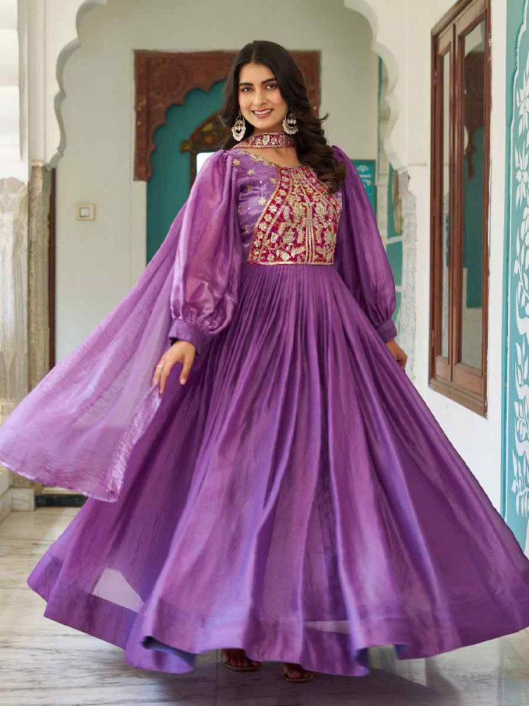 Image of Lavender Fendy Silk Embroidered Women Wear Festival Casual Wedding Gown