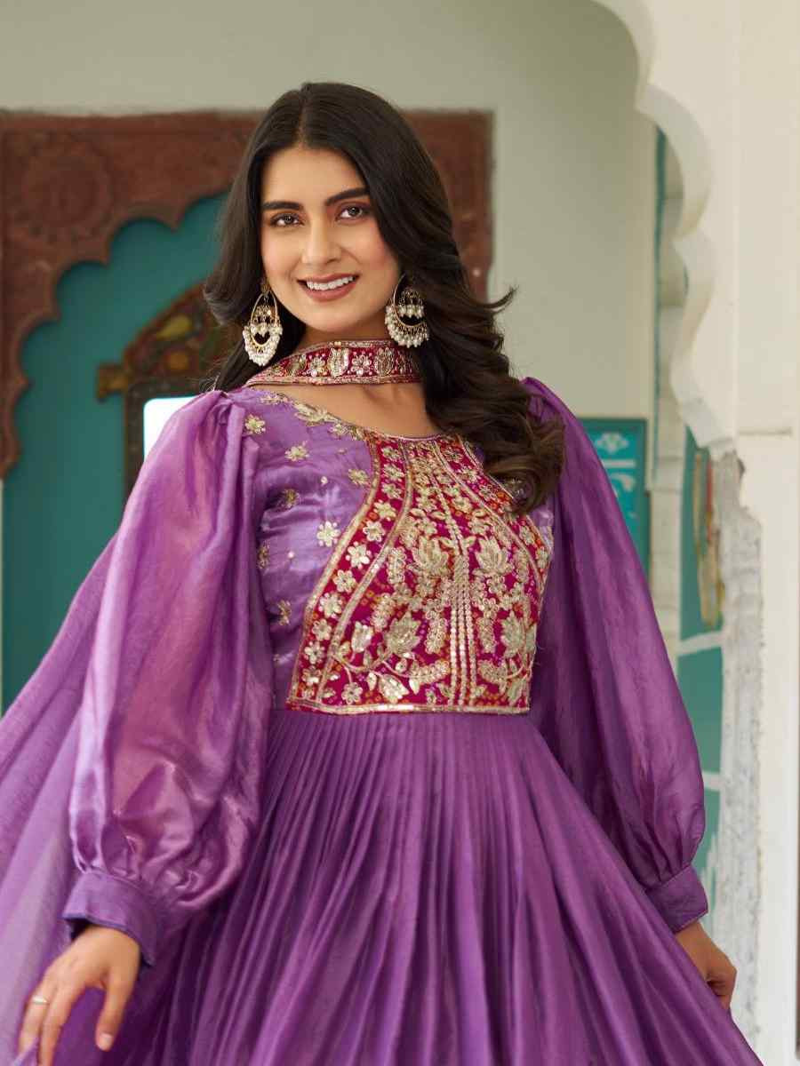 Lavender Fendy Silk Embroidered Women Wear Festival Casual Wedding Gown