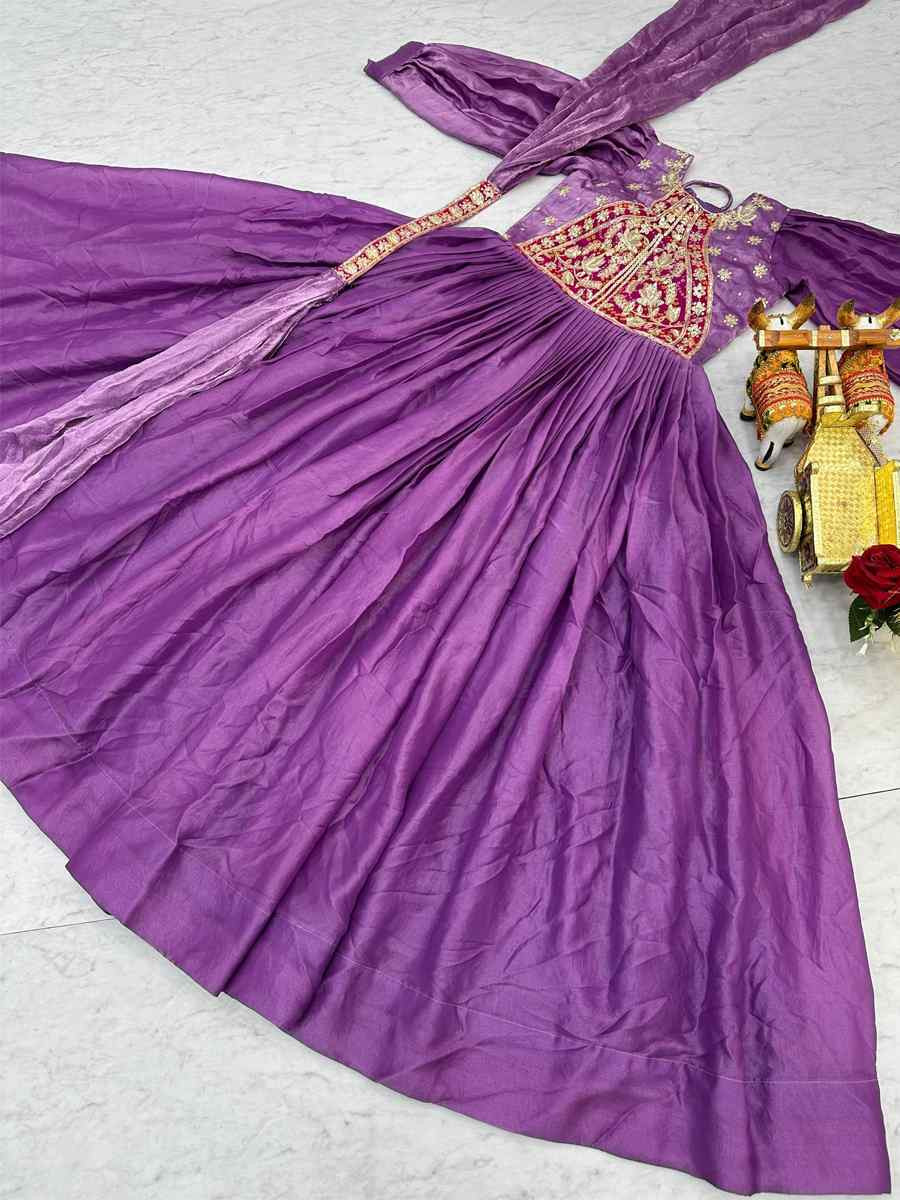 Lavender Fendy Silk Embroidered Women Wear Festival Casual Wedding Gown