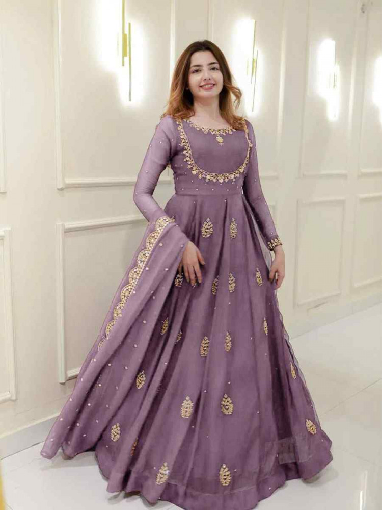 Image of Lavender georgette Embroidered Festival Casual Wedding Gown