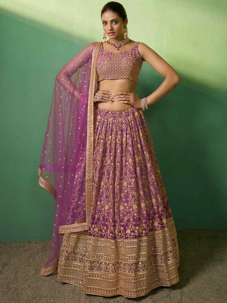 Lavender Georgette Embroidered Festival Wedding Circular Lehenga Choli