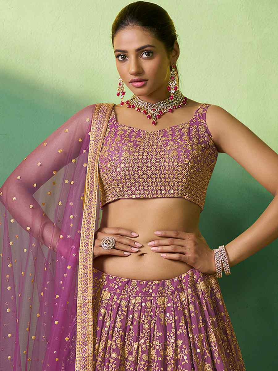 Lavender Georgette Embroidered Festival Wedding Circular Lehenga Choli