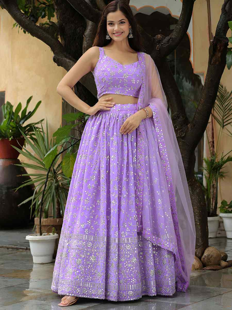 Lavender Georgette Embroidered Festival Wedding Party Reception Heavy Border Lehenga Choli