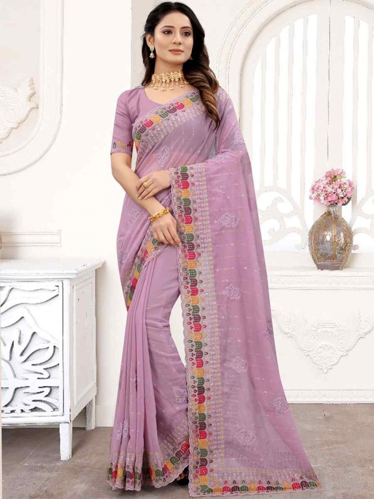 Lavender Georgette Embroidered Party Festival Heavy Border Saree