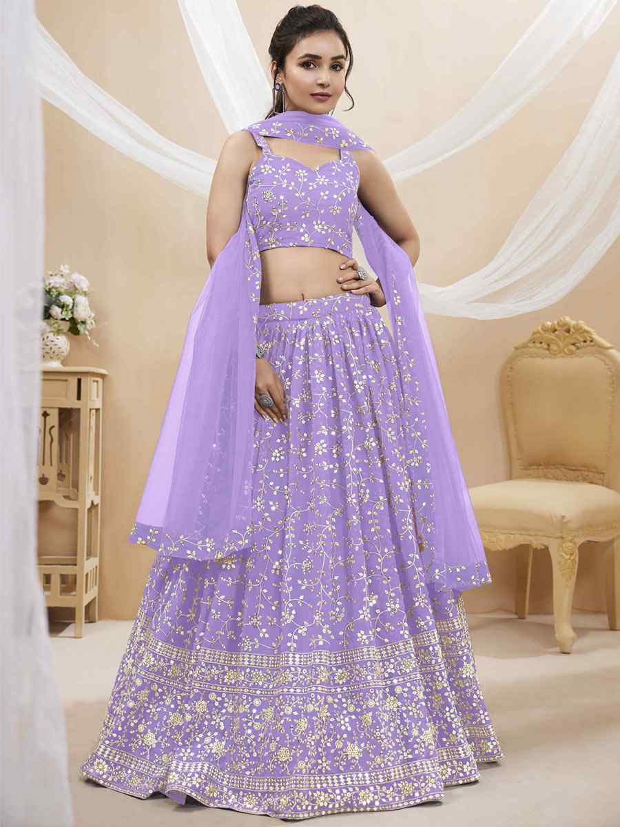 Lavender Georgette Embroidered Reception Wedding Heavy Border Lehenga Choli