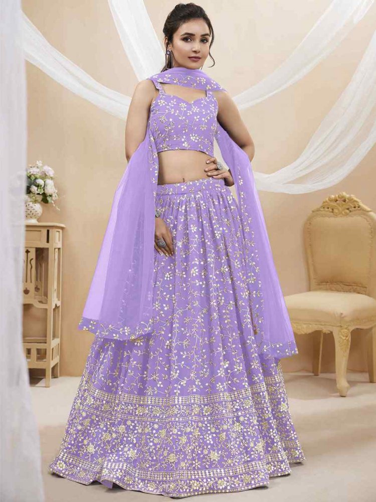 Lavender Georgette Embroidered Reception Wedding Heavy Border Lehenga Choli
