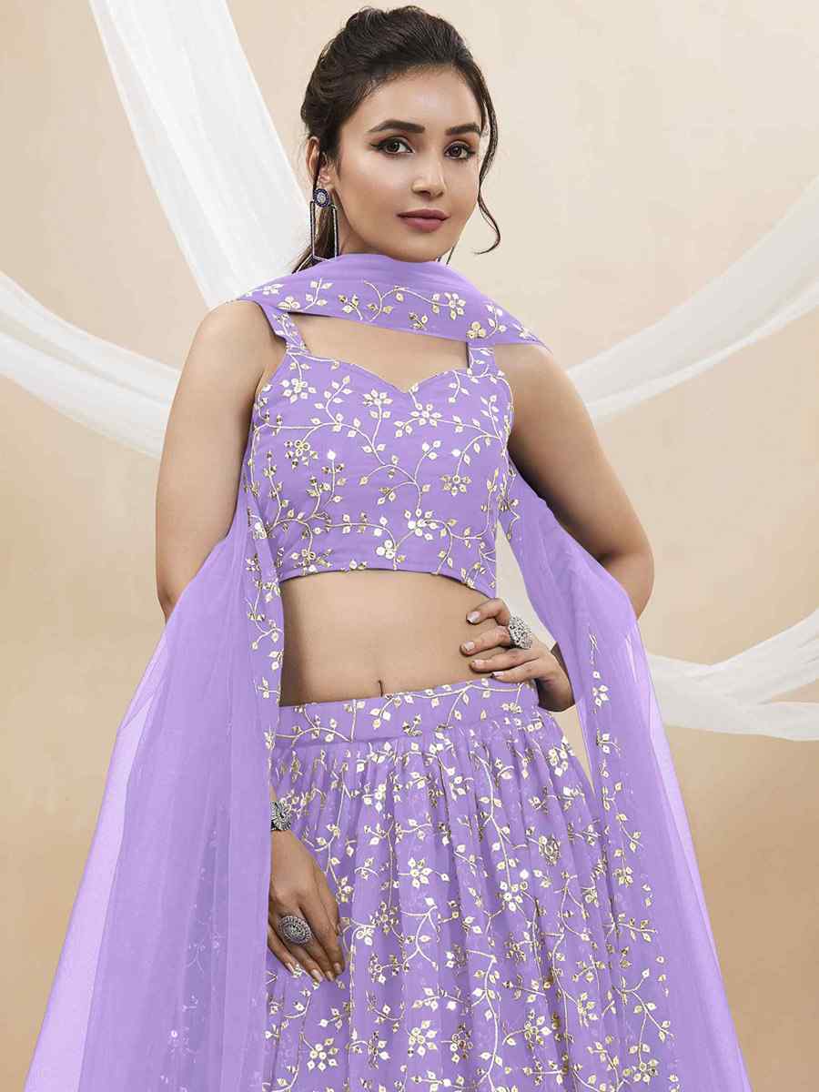 Lavender Georgette Embroidered Reception Wedding Heavy Border Lehenga Choli