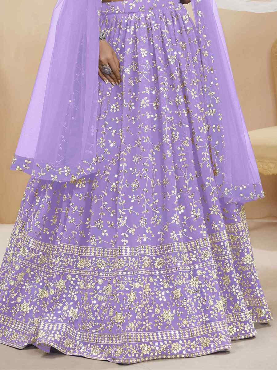 Lavender Georgette Embroidered Reception Wedding Heavy Border Lehenga Choli