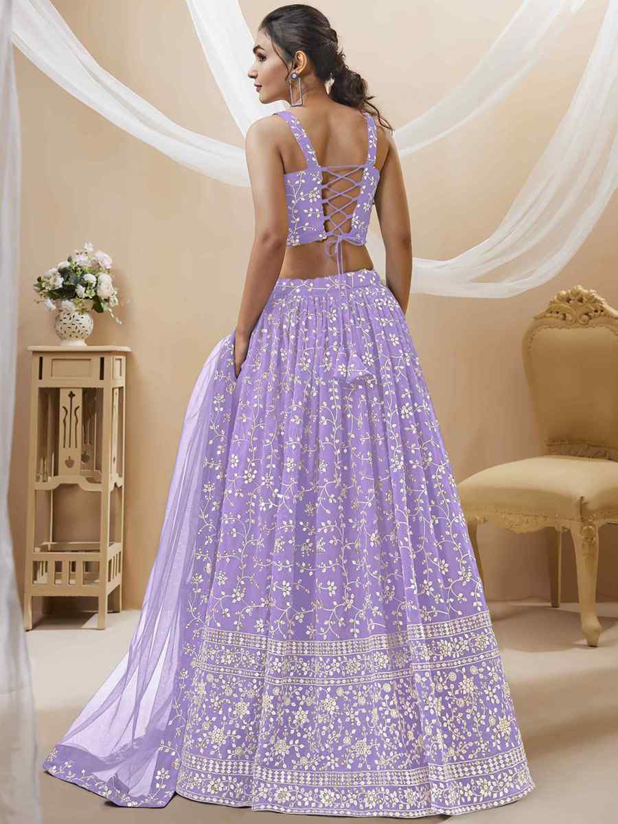 Lavender Georgette Embroidered Reception Wedding Heavy Border Lehenga Choli