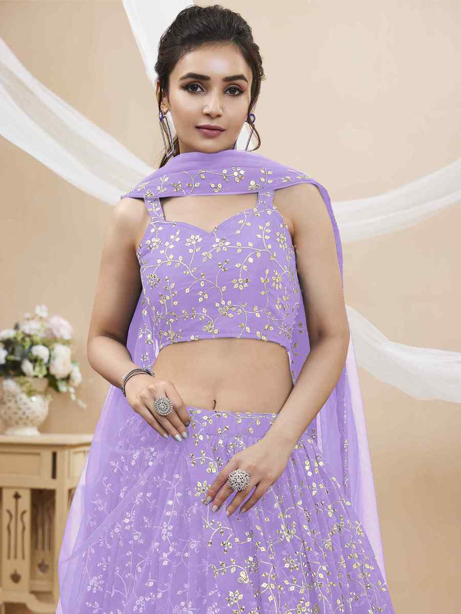 Lavender Georgette Embroidered Reception Wedding Heavy Border Lehenga Choli