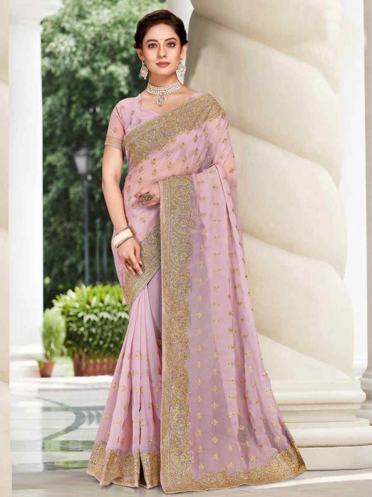 Lavender Georgette Embroidered Wedding Festival Heavy Border Saree