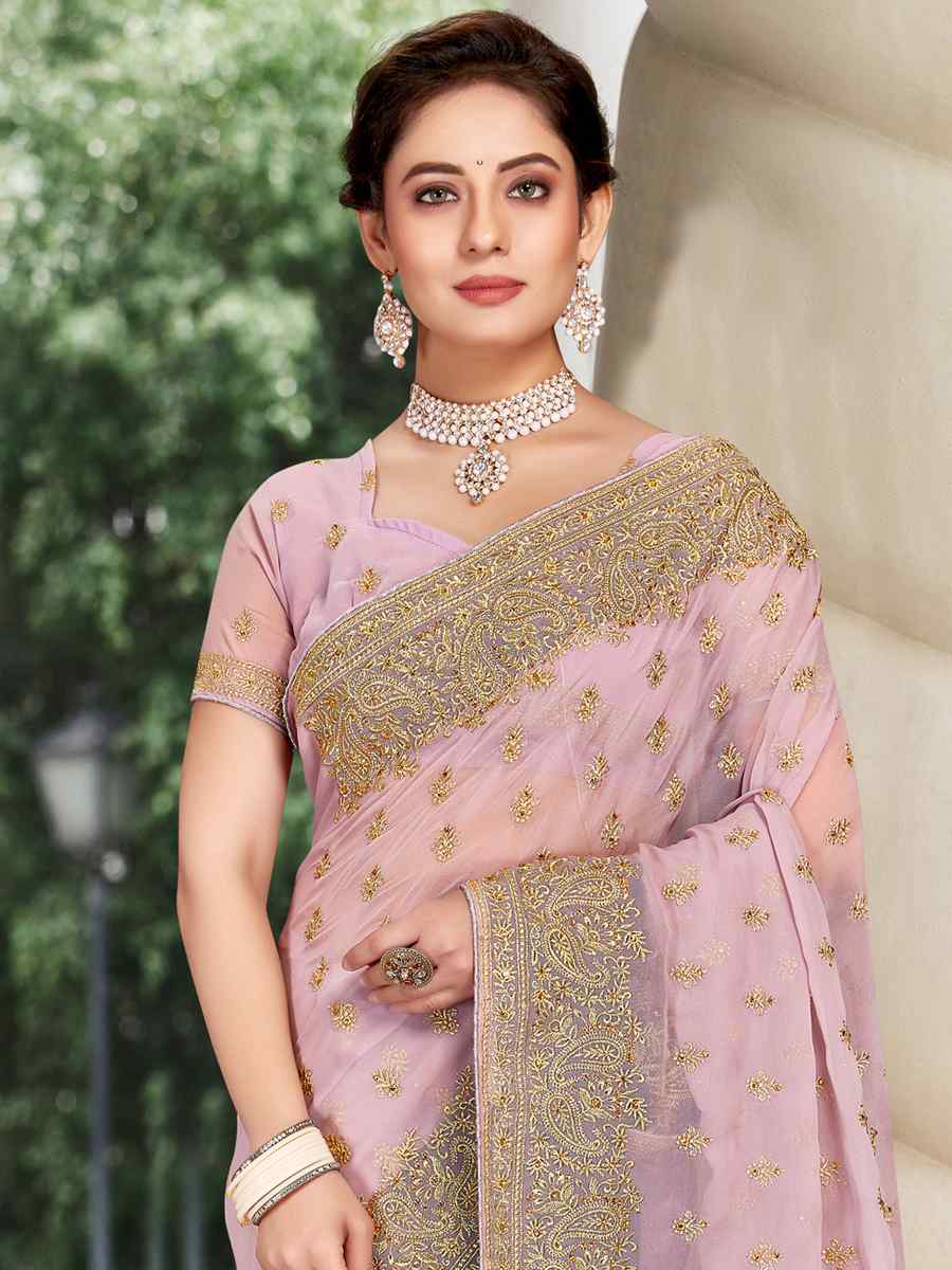 Lavender Georgette Embroidered Wedding Festival Heavy Border Saree