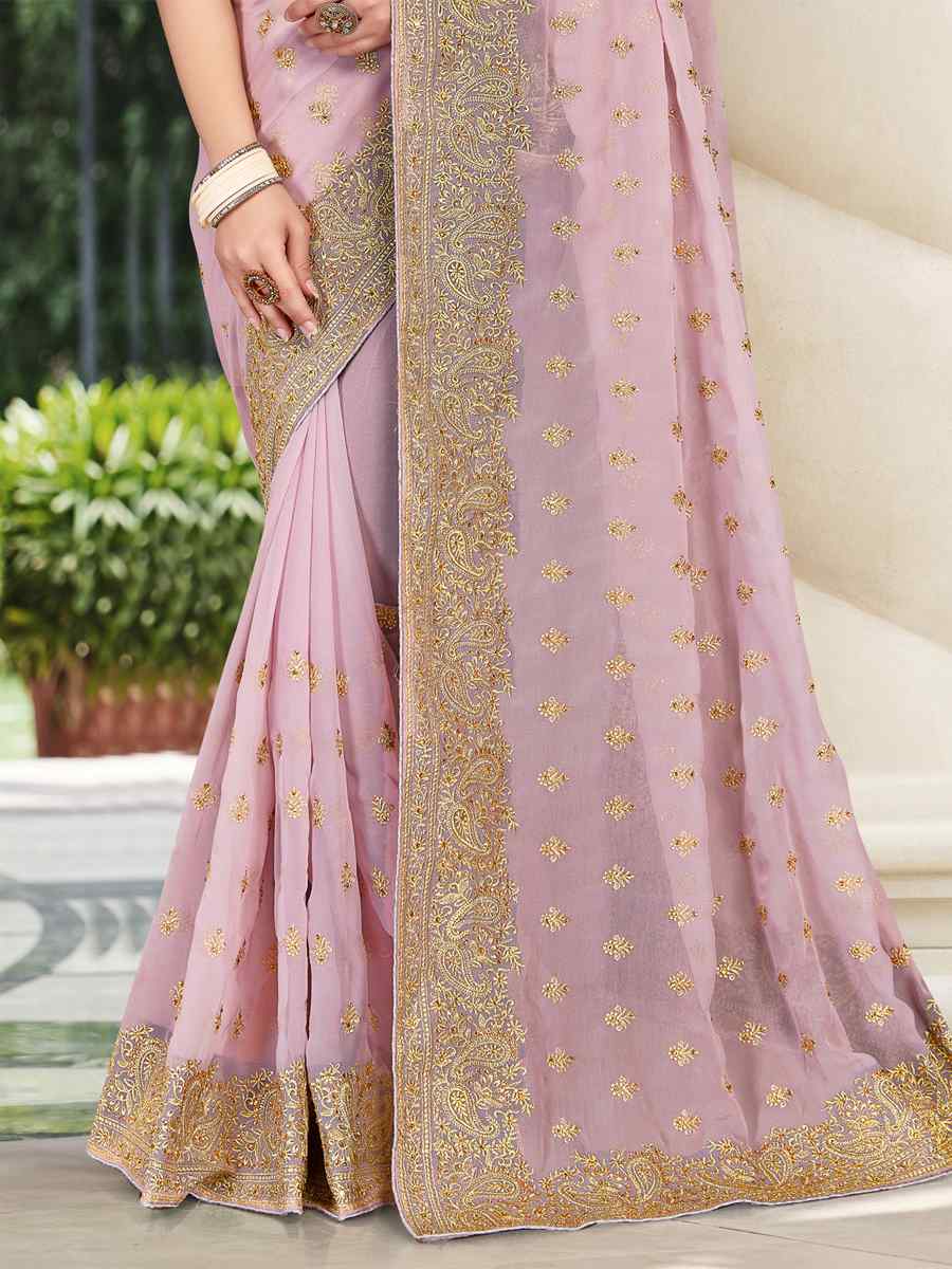 Lavender Georgette Embroidered Wedding Festival Heavy Border Saree