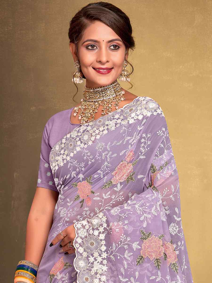 Lavender Georgette Embroidered Wedding Party Heavy Border Saree