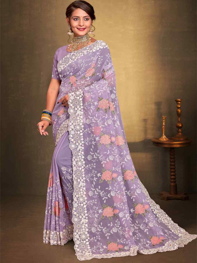 Lavender Georgette Embroidered Wedding Party Heavy Border Saree