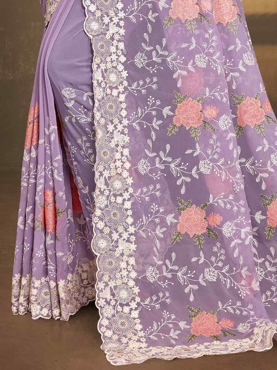 Lavender Georgette Embroidered Wedding Party Heavy Border Saree