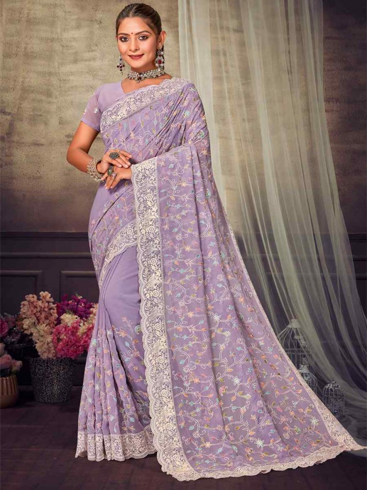 Lavender Georgette Embroidered Wedding Reception Heavy Border Saree