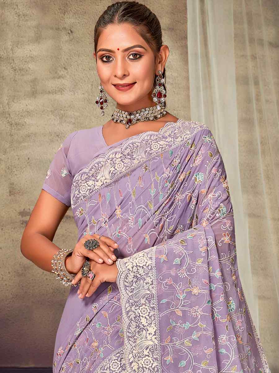Lavender Georgette Embroidered Wedding Reception Heavy Border Saree