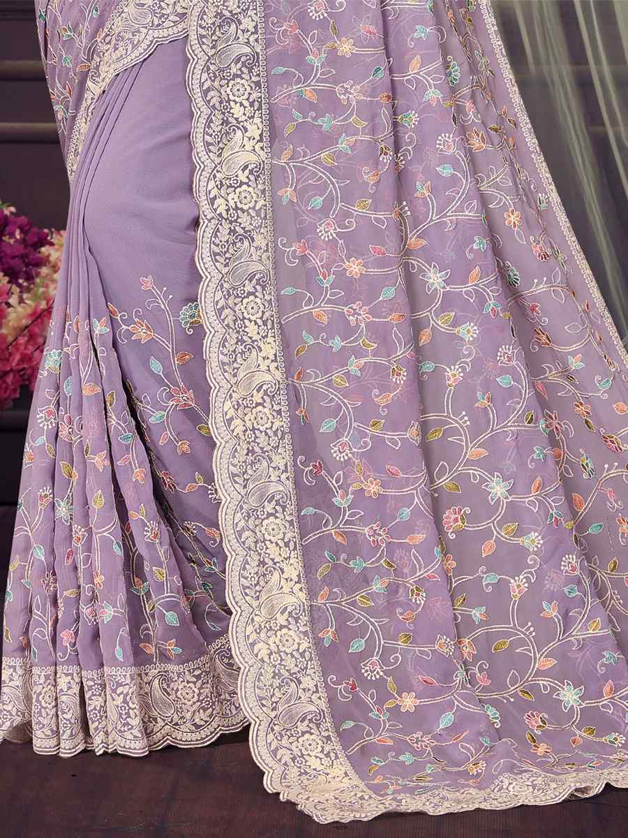 Lavender Georgette Embroidered Wedding Reception Heavy Border Saree