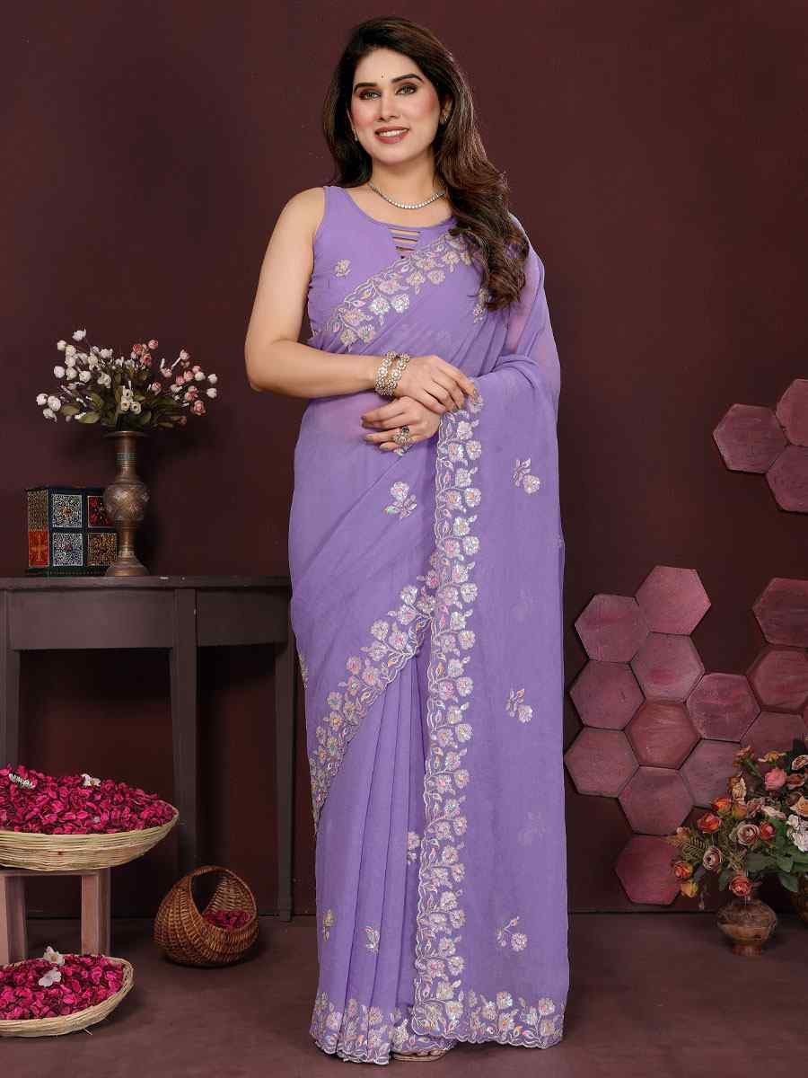 Lavender Georgette Embroidery Bridal Festival Wedding Traditional Fancy Heavy Border Sarees