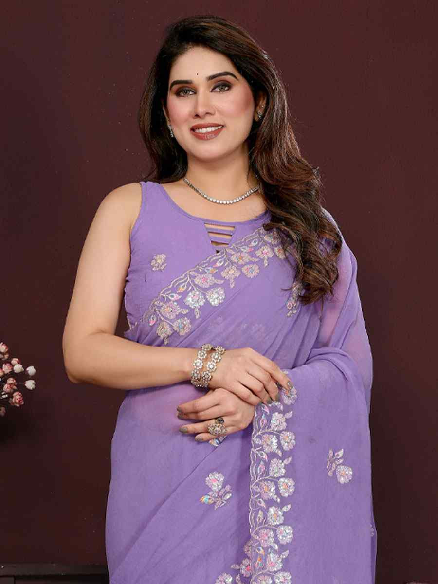 Lavender Georgette Embroidery Bridal Festival Wedding Traditional Fancy Heavy Border Sarees