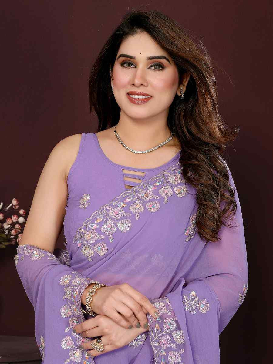 Lavender Georgette Embroidery Bridal Festival Wedding Traditional Fancy Heavy Border Sarees