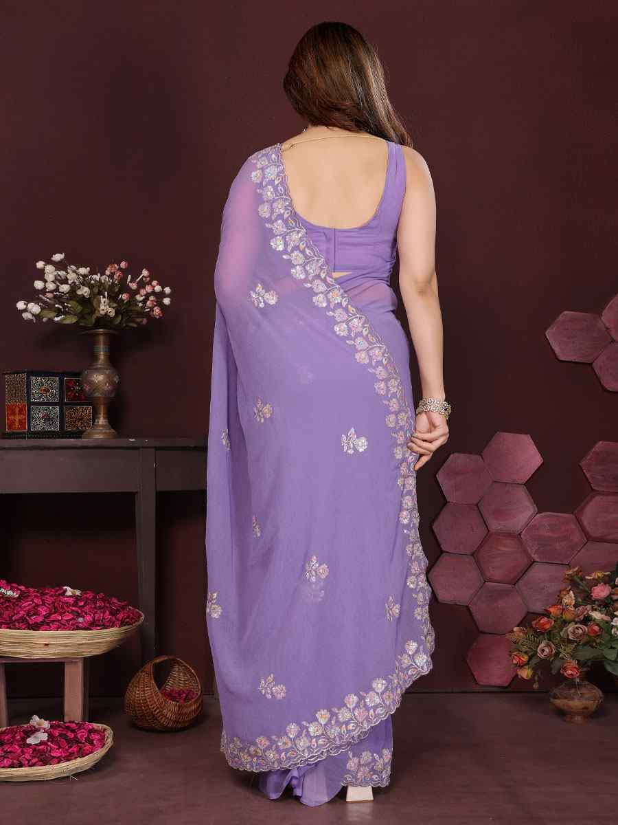 Lavender Georgette Embroidery Bridal Festival Wedding Traditional Fancy Heavy Border Sarees