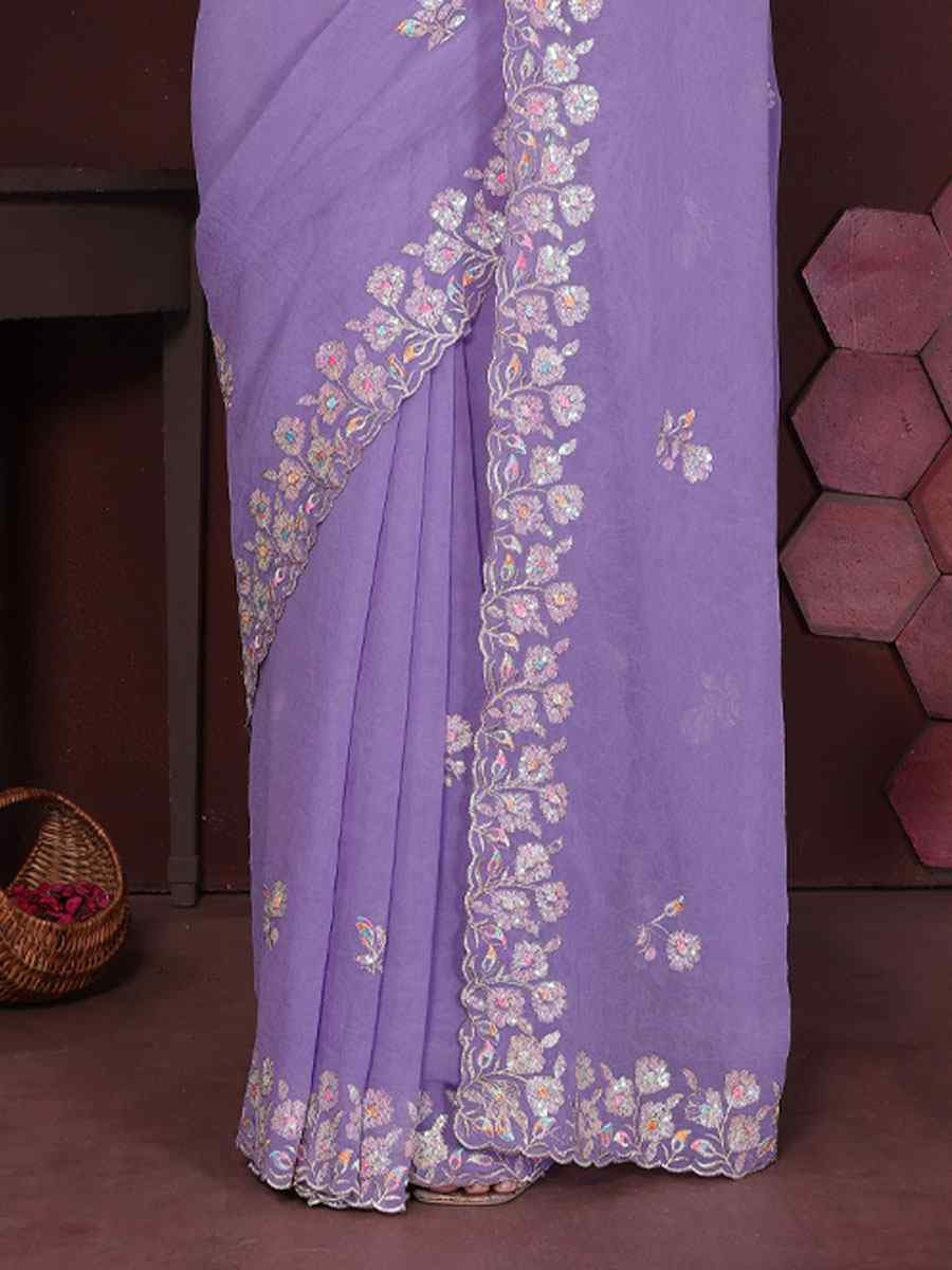 Lavender Georgette Embroidery Bridal Festival Wedding Traditional Fancy Heavy Border Sarees