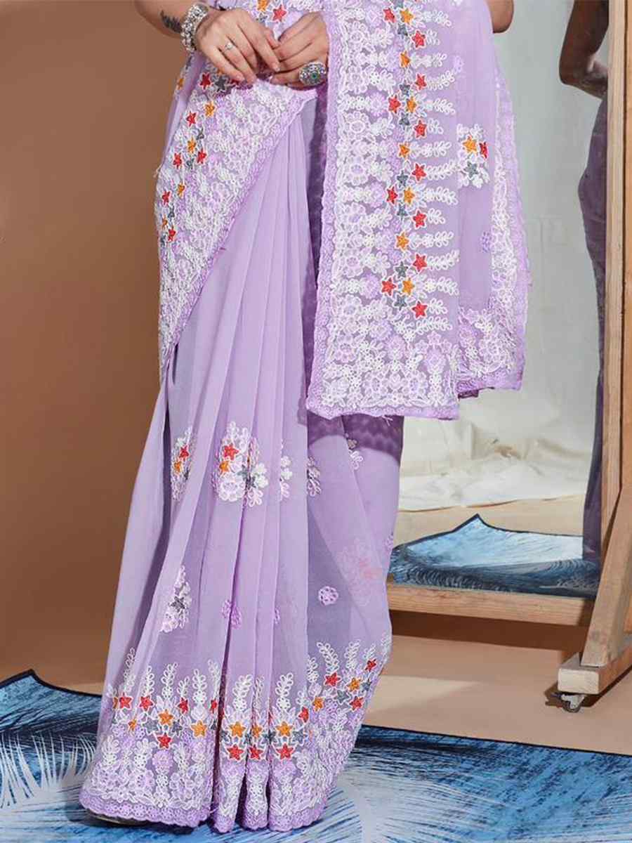 Lavender Georgette Embroidery Wedding Reception Heavy Border Saree