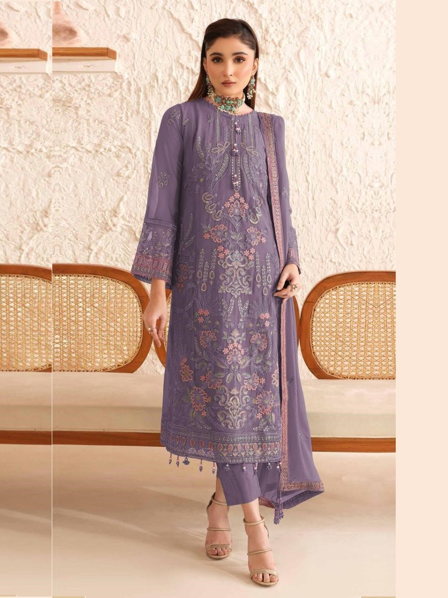 Lavender Georgette Embroidery Zari Sequins Wedding Festival Party Casual Pant Salwar Kameez